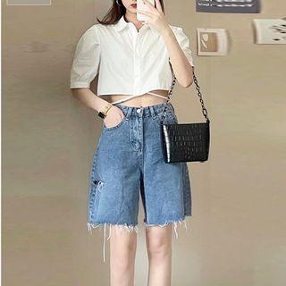 Puff-sleeve Crop Shirt / Distressed Denim Shorts / Set