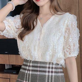 Short-sleeve V-neck Button Chiffon Top