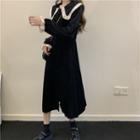 Crochet Trim Flared-cuff Velvet Midi A-line Dress Black - One Size