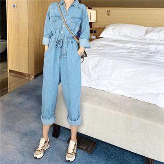 Wide-leg Denim Jumpsuit With Sash