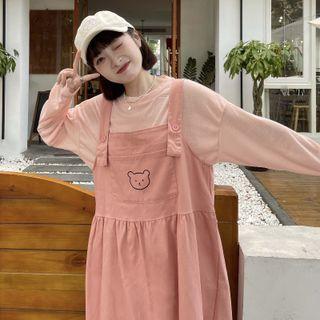 Long-sleeve Plain T-shirt / Cartoon Print Midi Shift Overall Dress