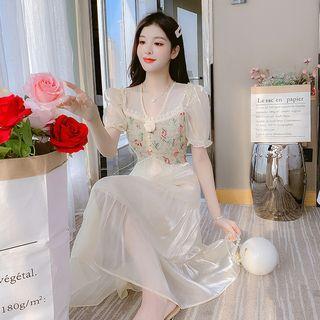Short Sleeve V-neck Cold Shoulder Printed Panel Tiered Midi Smock Dress