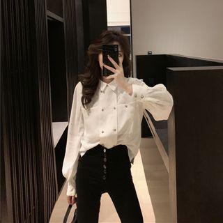 Puff-sleeve Collared Blouse White - One Size