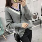 Contrast Trim Distressed V-neck Sweater