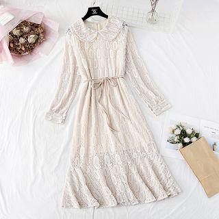 Tie-waist Layered Collar Lace Maxi Dress