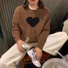 Heart Long-sleeve Sweater Brown - One Size