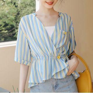 Short-sleeve Genuine Silk Striped Blouse