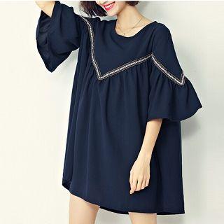 Elbow-sleeve Paneled Long Top Blue - One Size