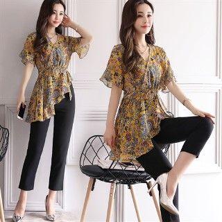 Set: Floral Chiffon Top + Cropped Pants 9