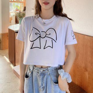 Short-sleeve Bow Print Cropped T-shirt