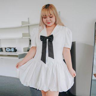 Short-sleeve Bow Neck Mini Shirt Dress