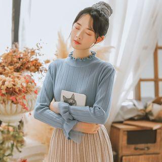 Ruffled Trim Mesh Panel Long-sleeve Knit Top