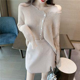 V-neck Faux Pearl Ribbed Cardigan / Mini A-line Skirt