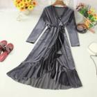 V-neck Ruffle Long-sleeve Midi A-line Dress