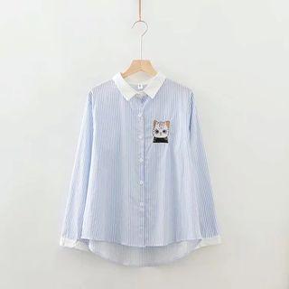 Pinstripe Cat Embroidered Shirt