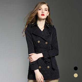 Double-breasted Argyle Down Coat With Sash