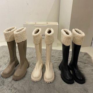 Fleece Panel Block-heel Tall Boots