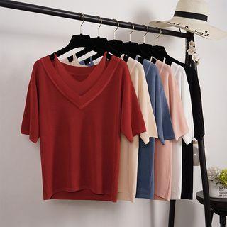 Mock Two-piece Elbow-sleeve Knit Top