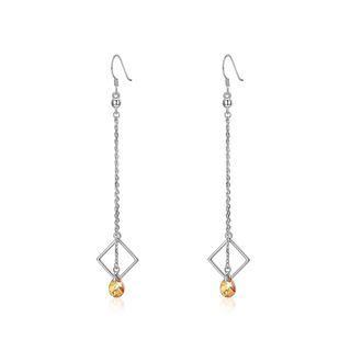 925 Sterling Silver Square Long Earrings With Yellow Austrian Element Crystal Silver - One Size