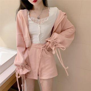 Strappy Cropped Zip-up Hoodie / Mini A-line Skort / Plain T-shirt