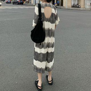 Tie-dye Open-back Short-sleeve Loose-fit Maxi Skirt Gray & Almond - One Size