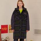 Hooded Contrast-sleeve Plaid Shirt Jacket Green - One Size