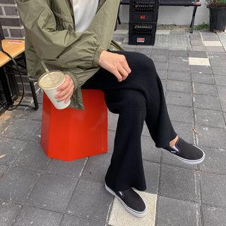Band-waist Ribbed Wool Blend Knit Pants