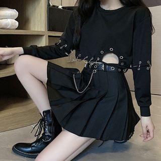 Long-sleeve Cropped T-shirt / Pleated Mini A-line Skirt / Belt / Set