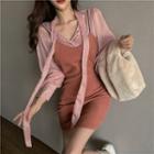 V-neck Spaghetti Strap Dress / Lace-up Blouse
