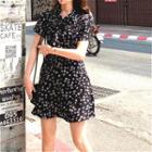 Short Sleeve Floral Printed Dress Black - One Size