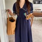 Puff-sleeve Collar Midi A-line Dress Dark Blue - One Size