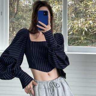 Square-neck Striped Lantern-sleeve Top