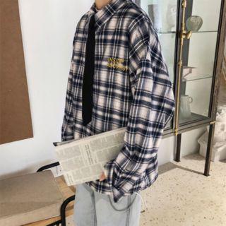 Letter Embroidered Long-sleeve Plaid Shirt