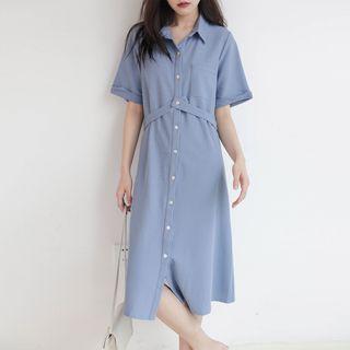 Plain Button-up A-line Dress Airy Blue - One Size
