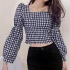 Square-neck Houndstooth Cropped Blouse