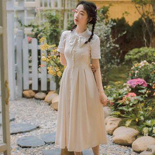 Tie-neck Short-sleeve Blouse / Midi Pinafore Dress / Set
