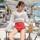 Set: Frill-trim Swimsuit + Long-sleeve Cover-up