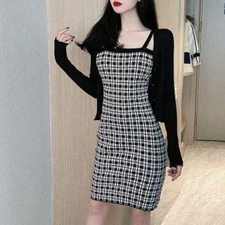 Set: Plain Cardigan + Spaghetti Strap Plaid Dress
