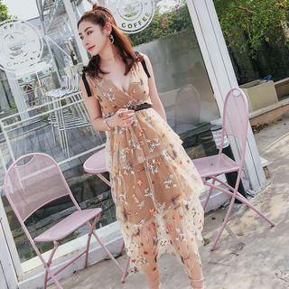 Embroidered Sleeveless Tiered Mesh Midi Cocktail Dress