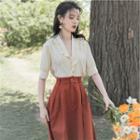 Set: Short-sleeve Ruffled Blouse + Plaid Midi A-line Skirt