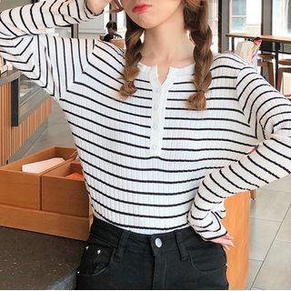 V-neck Button-up Striped Knit Top