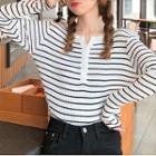V-neck Button-up Striped Knit Top