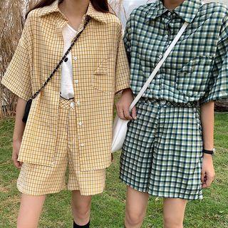 Set: Elbow-sleeve Plaid Shirt + Plaid Shorts