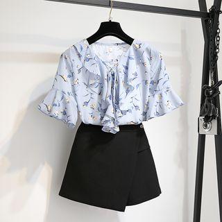 Set: Short-sleeve Floral Blouse + Mini Skort