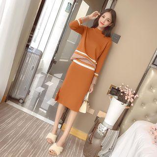 Set: Striped Trim Sweater + Midi Knitted Skirt