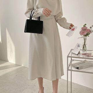Set: Mock-neck Drape-trim Top + Wrap-front Skirt