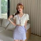 Short-sleeve Button Knit Top / Plaid Mini Fitted Skirt