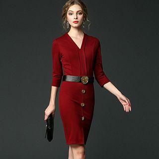3/4-sleeve Belted Sheath Dress