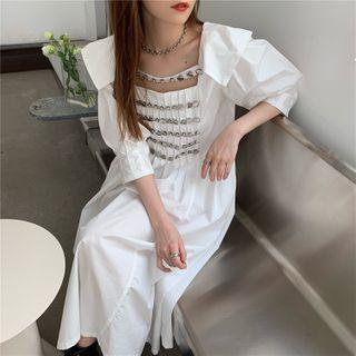 Collared 3/4-sleeve Midi A-line Dress White - One Size