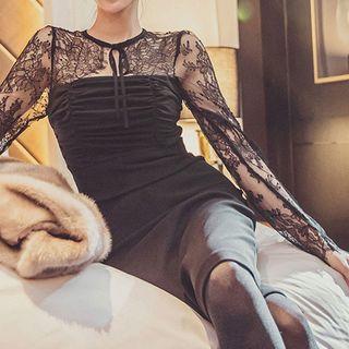 Lace-sleeve Shirred Midi Sheath Dress